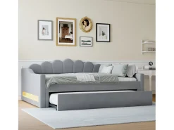 Cama nido 140×200 cm - com fita de LED - com base de ripas - MDF+linho - cinza