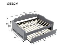 Cama nido 140×200 cm - com fita de LED - com base de ripas - MDF+linho - cinza