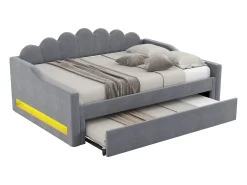 Cama nido 140×200 cm - com fita de LED - com base de ripas - MDF+linho - cinza
