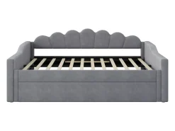 Cama nido 140×200 cm - com fita de LED - com base de ripas - MDF+linho - cinza