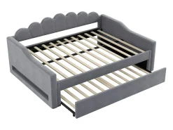 Cama nido 140×200 cm - com fita de LED - com base de ripas - MDF+linho - cinza