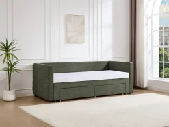 Cama ninho 2 x 80 x 200 cm com estrado de ripas e gavetas em tecido texturizado verde - CAMITY