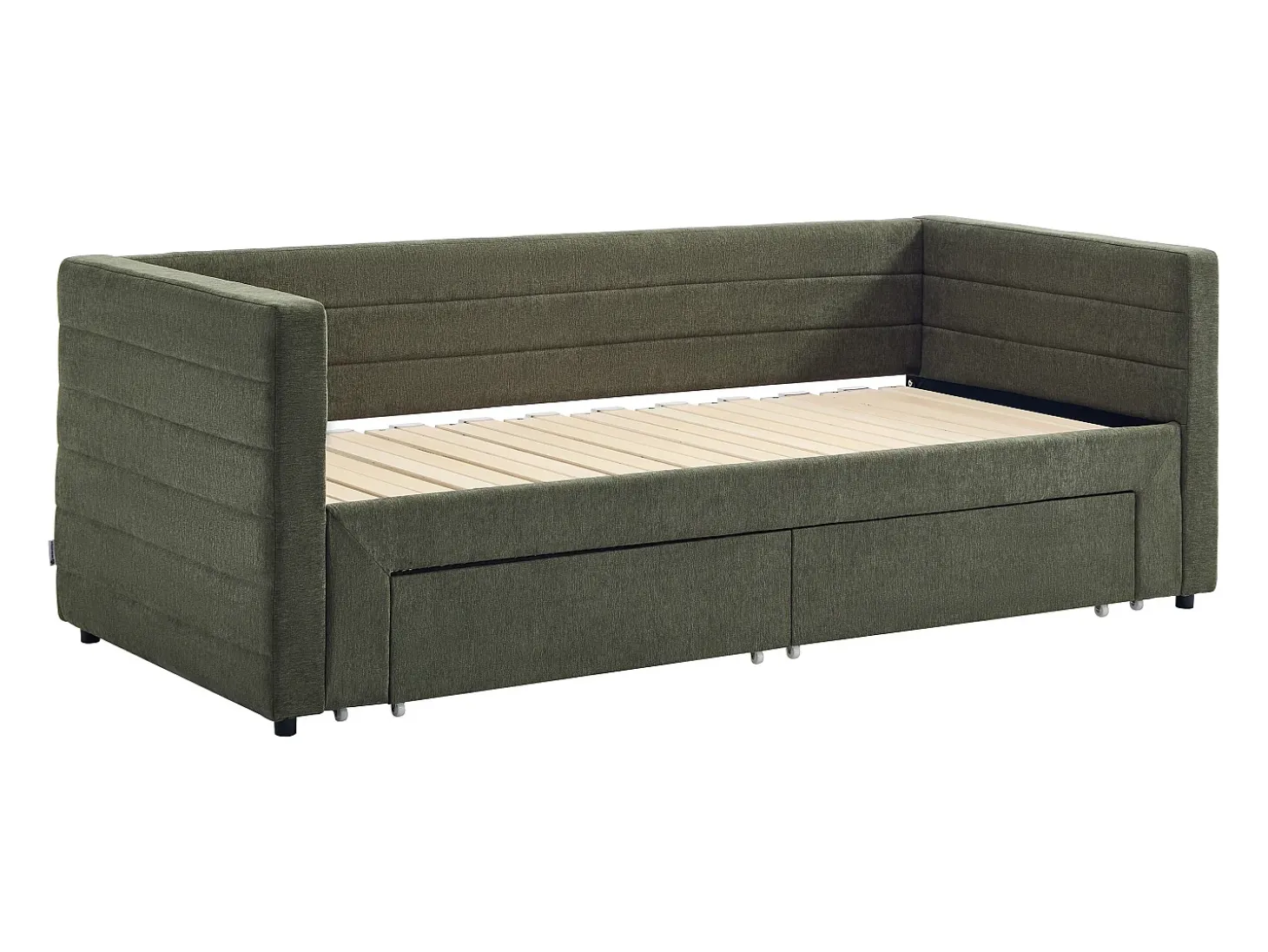 Cama ninho 2 x 80 x 200 cm com estrado de ripas e gavetas em tecido texturizado verde - CAMITY