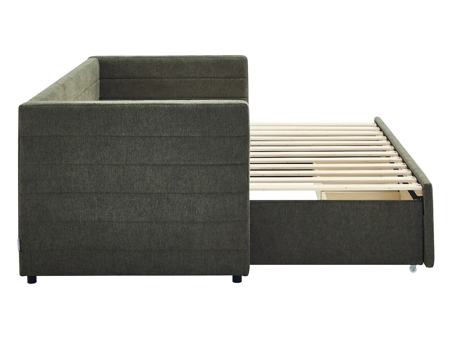 Cama ninho 2 x 80 x 200 cm com estrado de ripas e gavetas em tecido texturizado verde - CAMITY