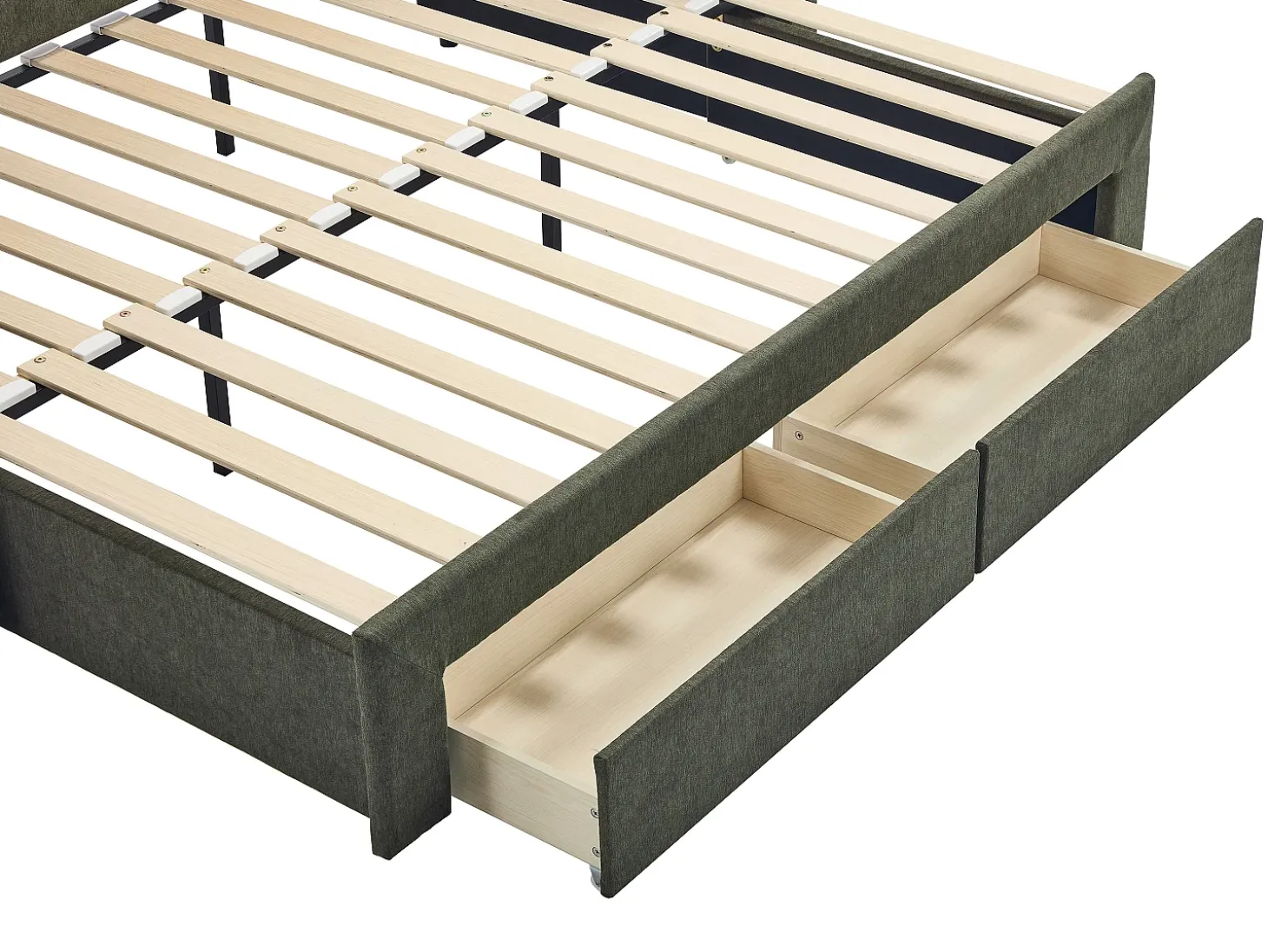 Cama ninho 2 x 80 x 200 cm com estrado de ripas e gavetas em tecido texturizado verde - CAMITY