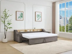Cama ninho 2 x 80 x 200 cm com compartimentos e porta USB em tecido taupe - ORAVAYA