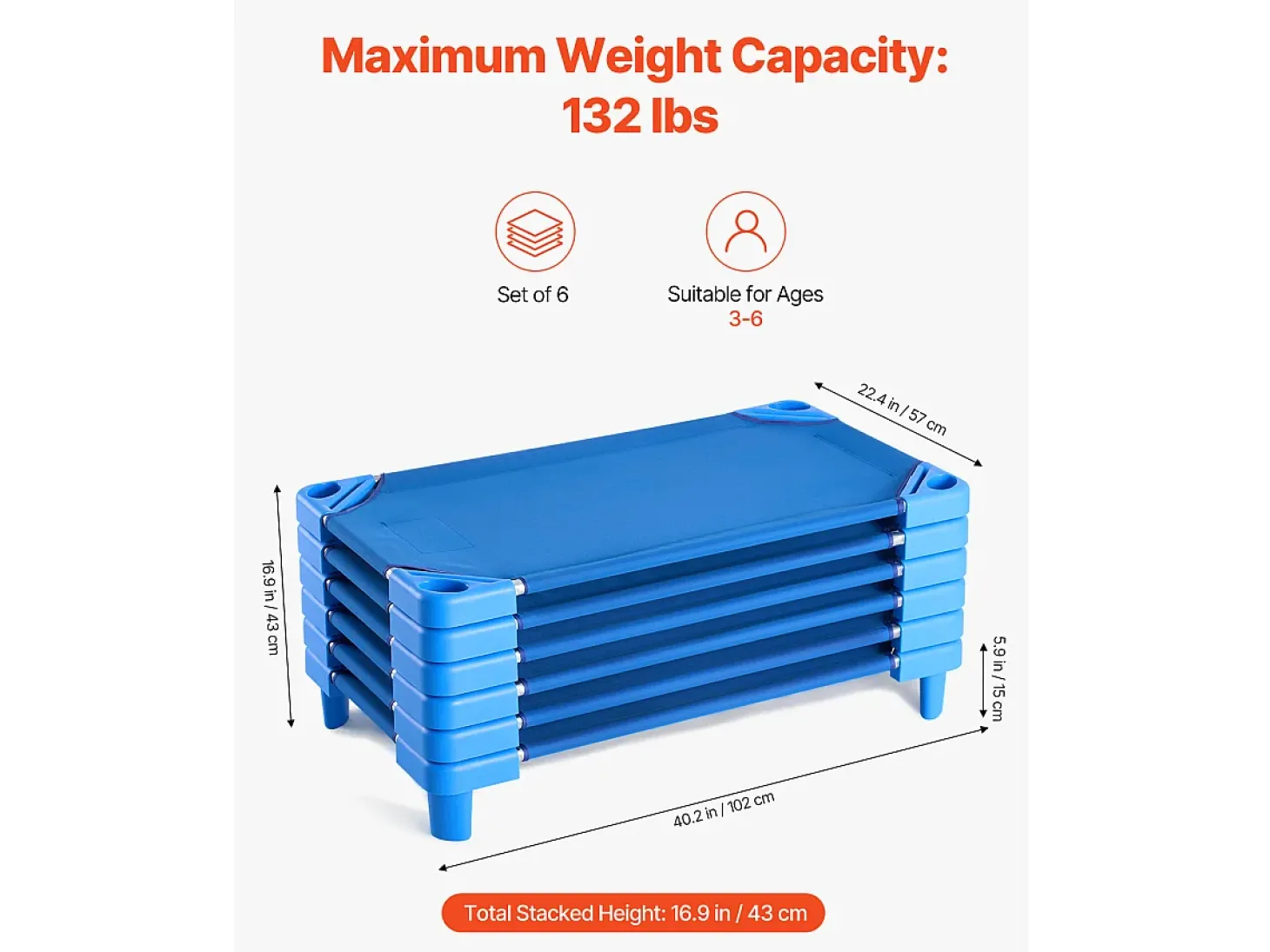 Cama para Bebê SucceBuy Empilhável, 107 x 58 cm, Azul, Lote de 6, para Creches, Pré-Escolas e Salas de Aula