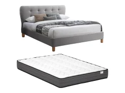 Cama queen size 160 x 200 cm com cabeceira em tecido cinza claro + colchão - ELIDE II