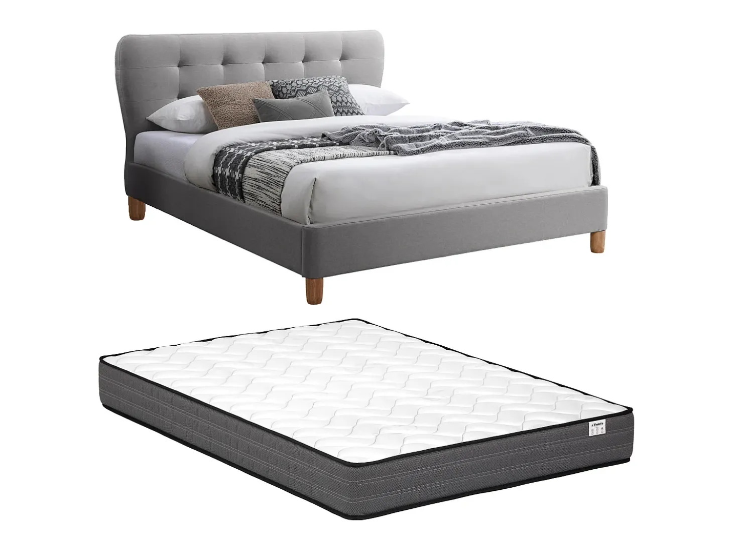 Cama queen size 160 x 200 cm com cabeceira em tecido cinza claro + colchão - ELIDE II