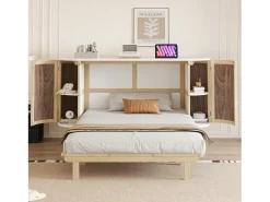 Cama rebatível / de embutir 140x200 cm - con compartimentos de armazenamento - natural (colchão não incluído)