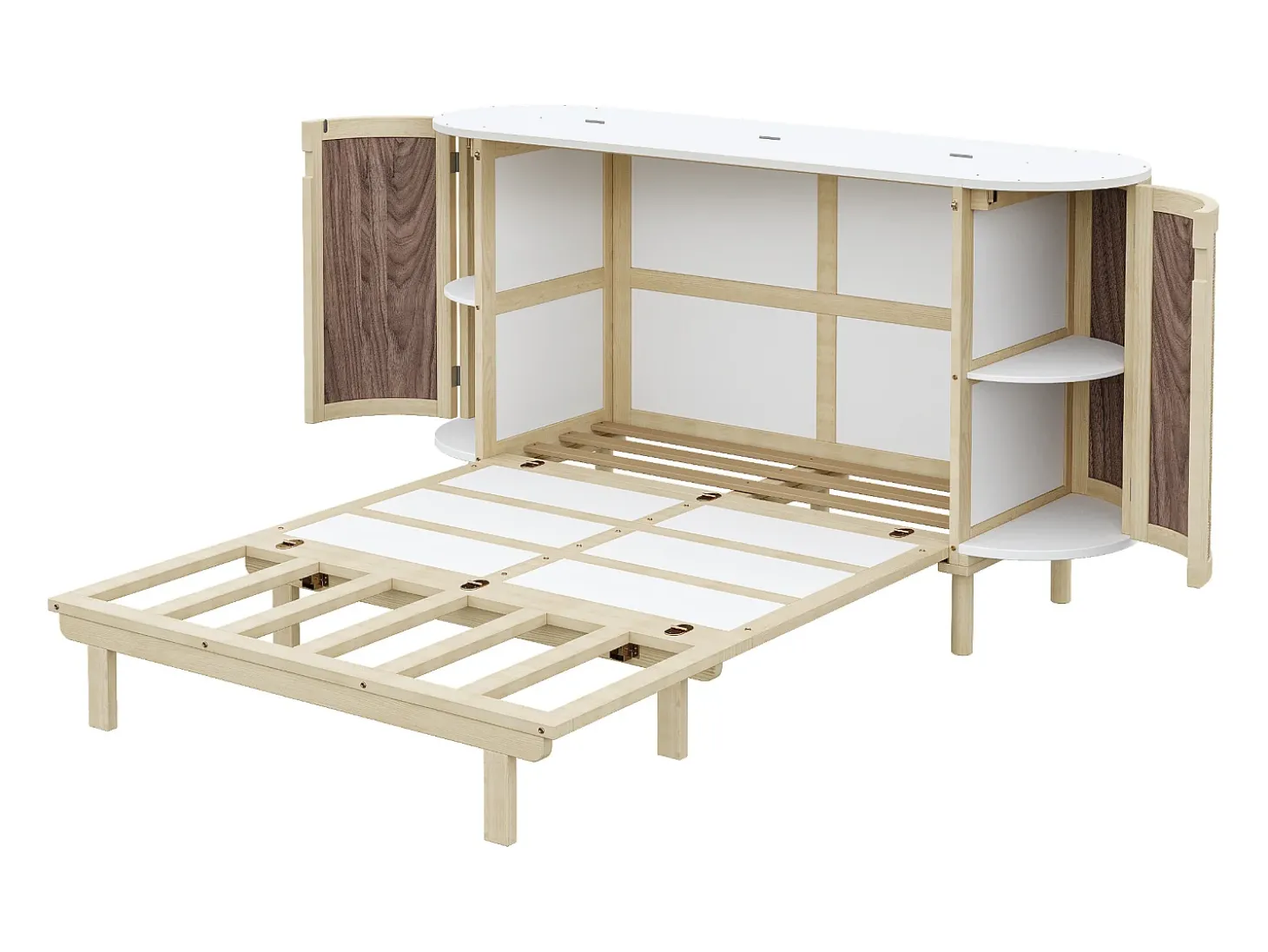 Cama rebatível / de embutir 140x200 cm - con compartimentos de armazenamento - natural (colchão não incluído)