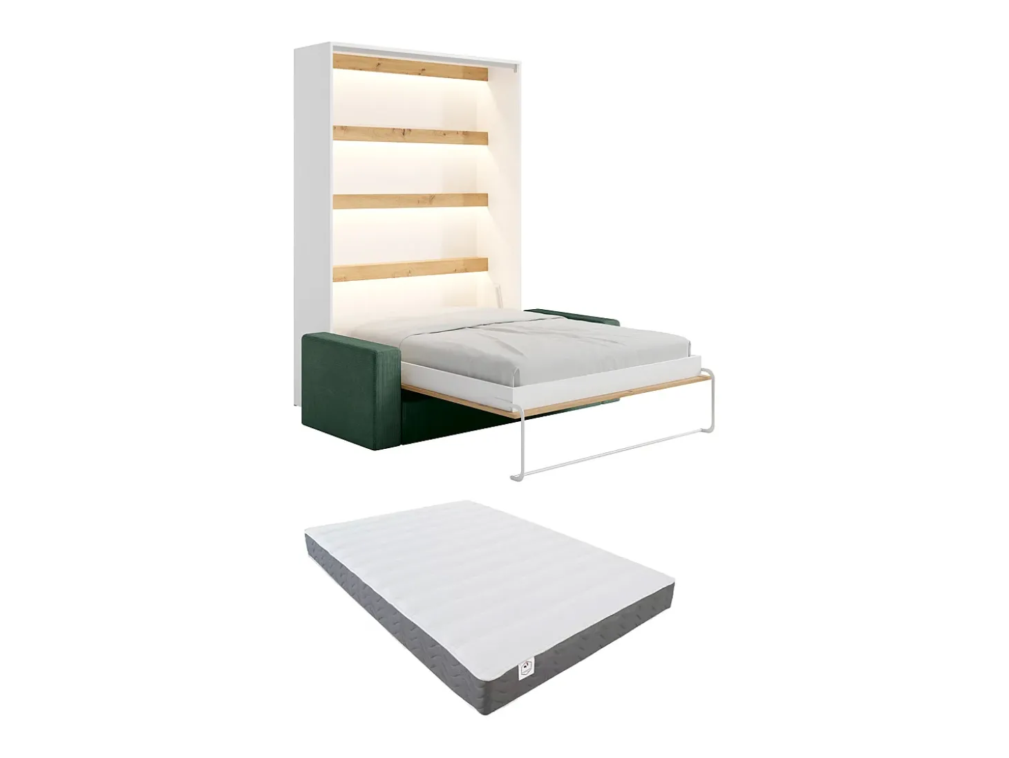 Cama rebatível 140 x 200 cm com leds branco e natural + colchão + sofá verde - RAPILI