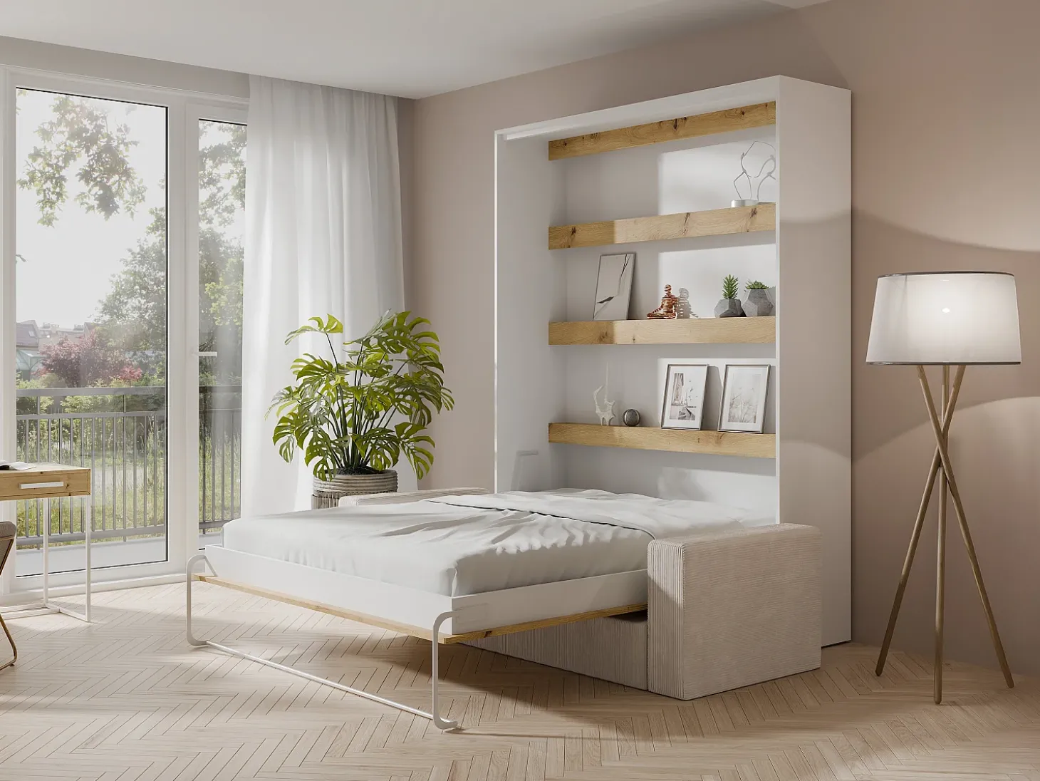 Cama rebatível 140x190 cm com LEDs branco e natural + colchão + sofá - RAPILI