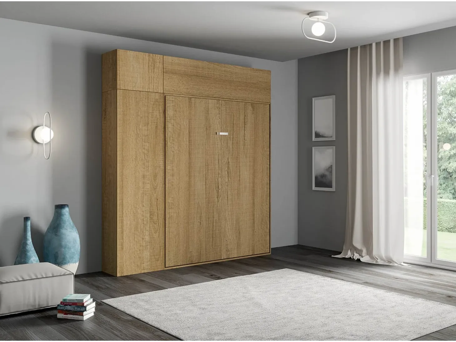 Cama retrátil 160 vertical Kentaro com armário coluna e armários suspensos Carvalho Natural