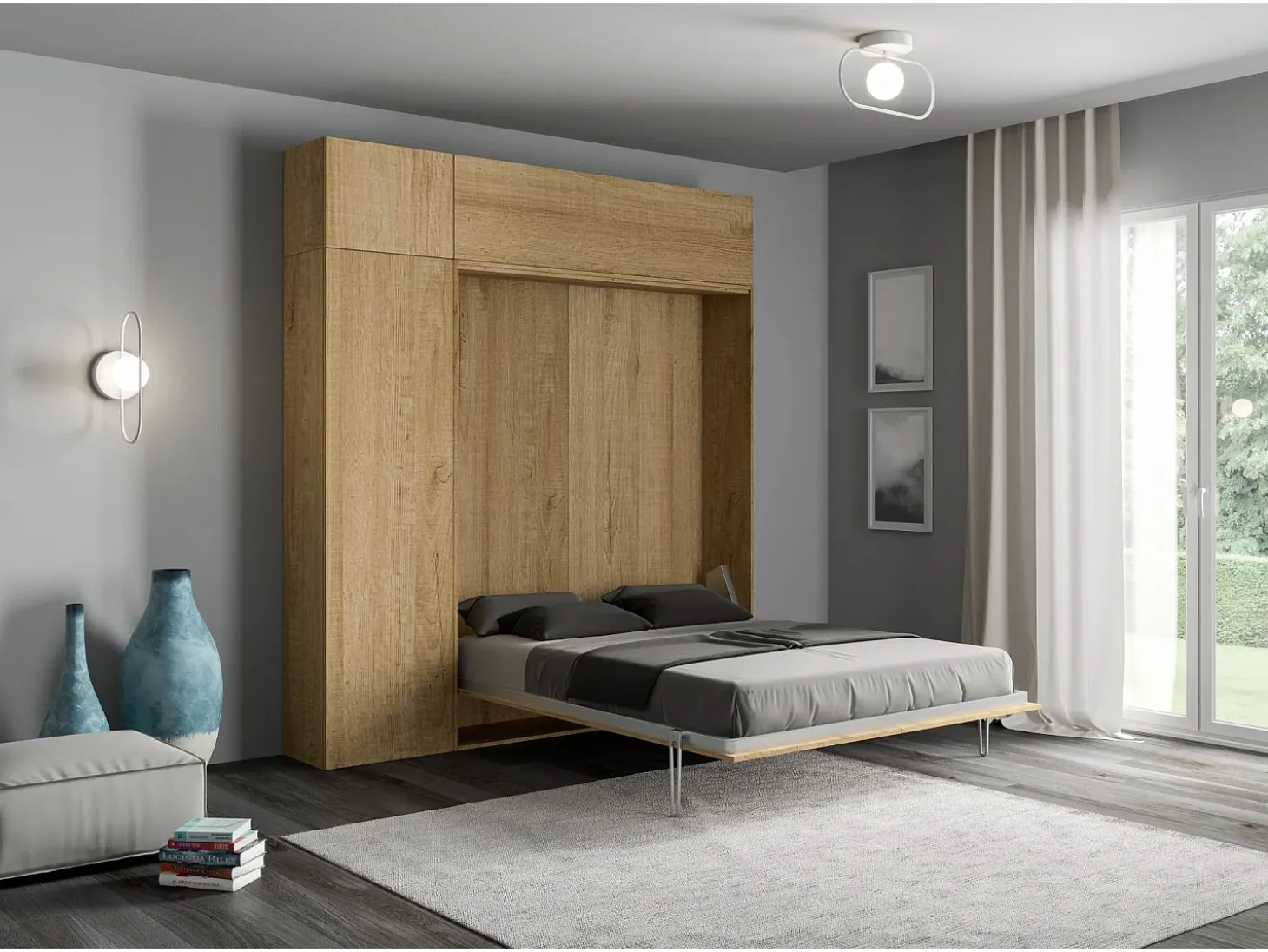 Cama retrátil 160 vertical Kentaro com armário coluna e armários suspensos Carvalho Natural