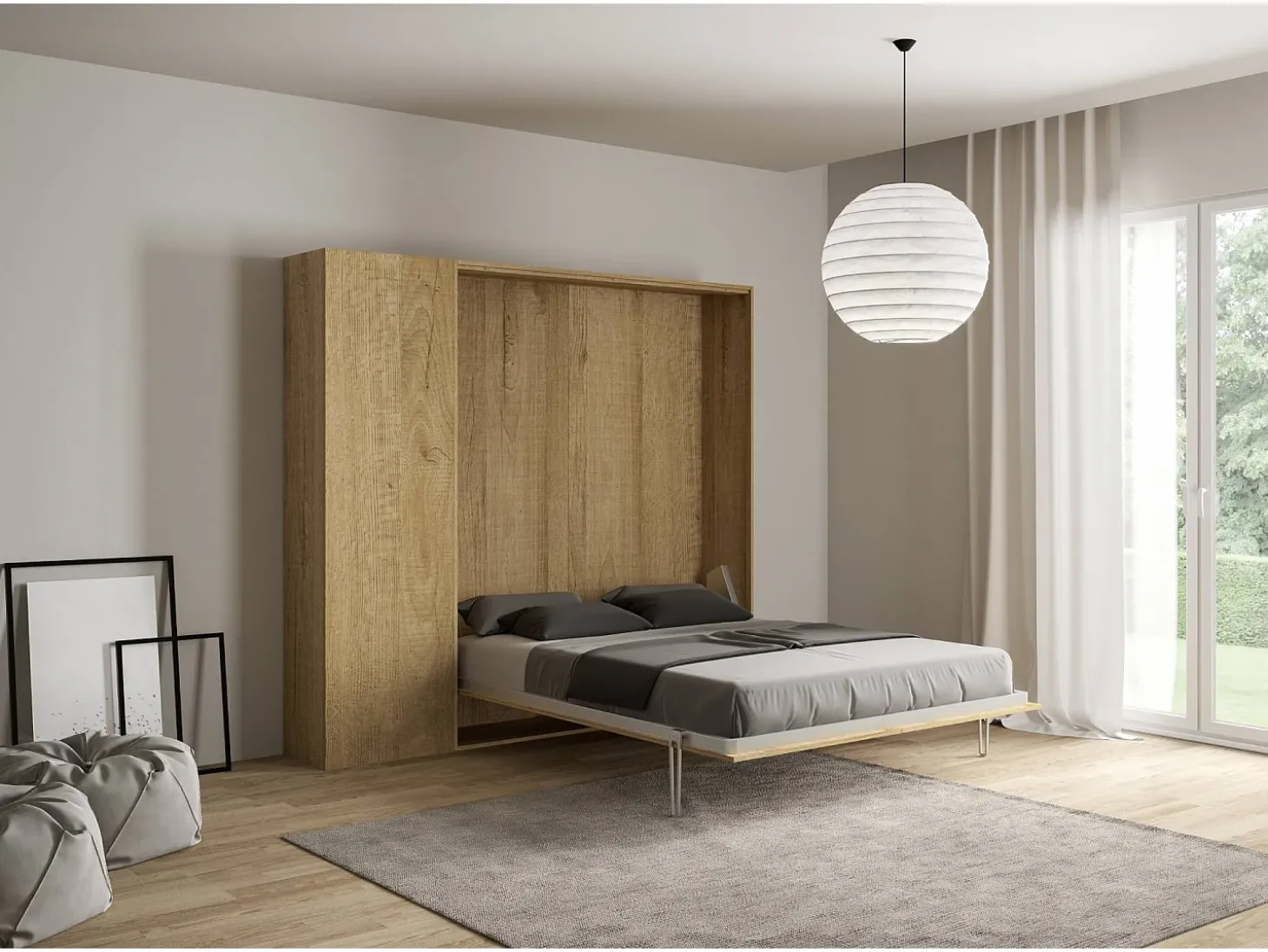 Cama retrátil 160 vertical Kentaro com armário coluna Carvalho Natural