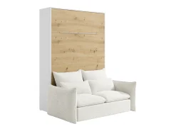 Cama retrátil 140 x 200 cm abertura vertical manual leds branca e natural + sofá - RAPILI