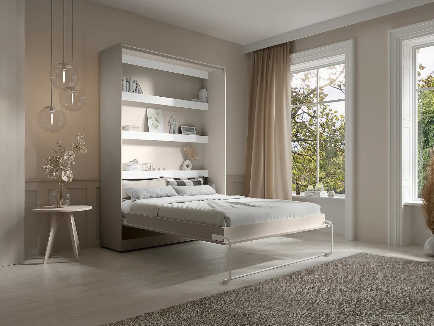 Cama retrátil 140 x 200 cm abertura vertical manual com leds bege - RAPILI