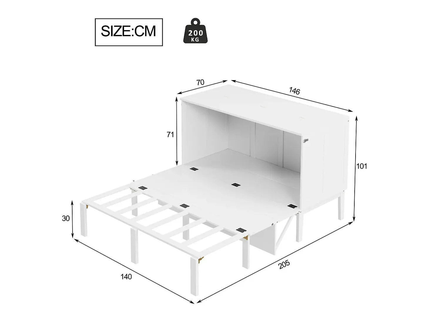 Cama retrátil de madeira 140x200 cm - com base de ripas - Branca
