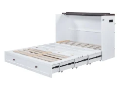 Cama retrátil em madeira 140x200 cm - com tomadas USB e arrumação - Branco