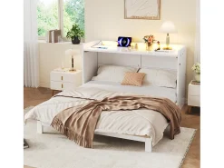 Cama retrátil 140x200 cm - con porta USB + tomada elétrica - con iluminação LED - Cama conversível - branco (colchão não incluído)