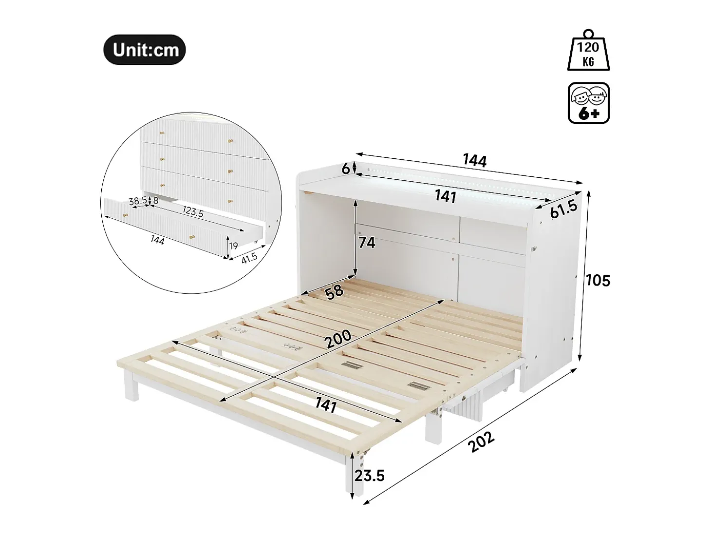Cama retrátil 140x200 cm - con porta USB + tomada elétrica - con iluminação LED - Cama conversível - branco (colchão não incluído)