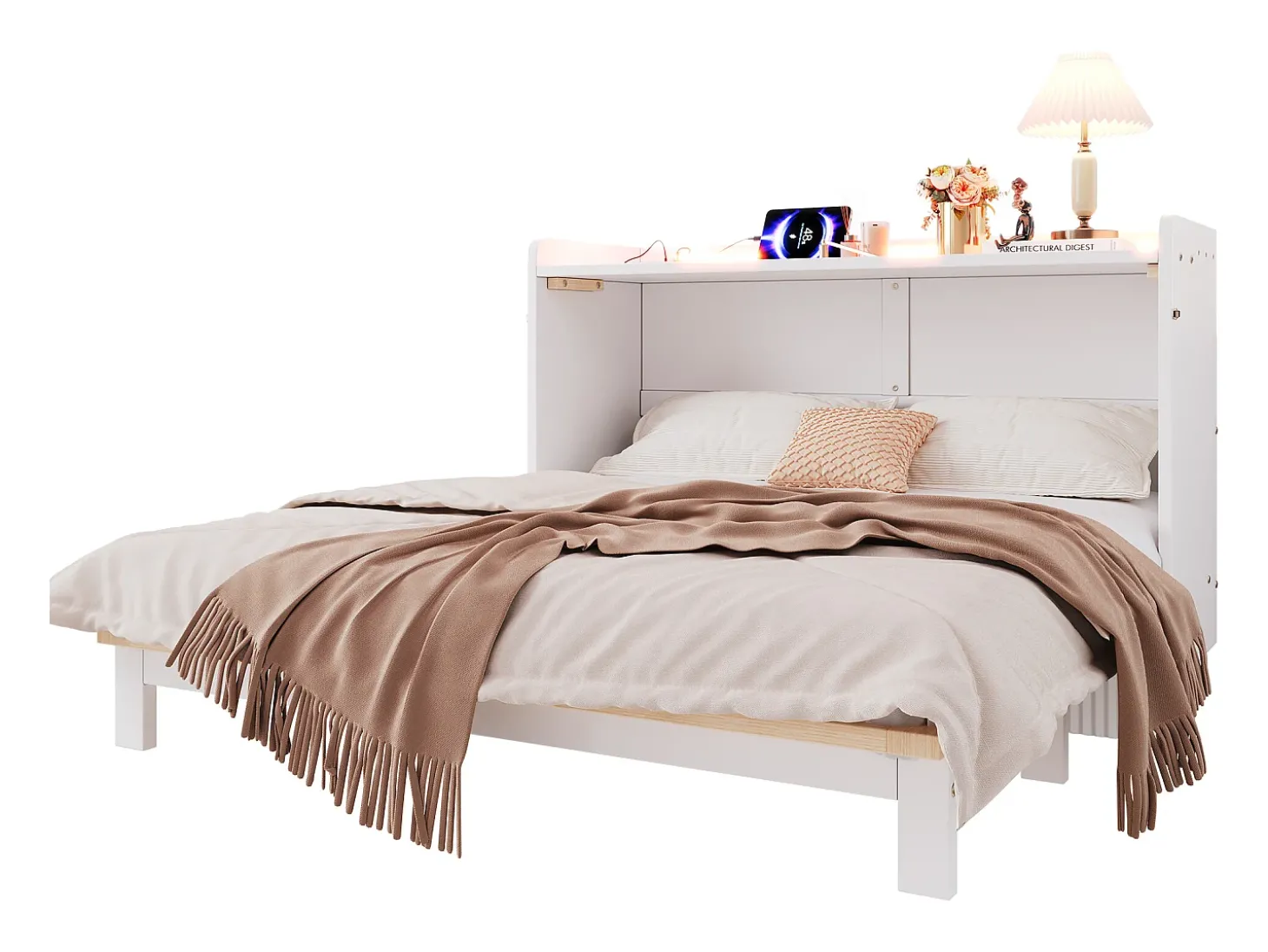 Cama retrátil 140x200 cm - con porta USB + tomada elétrica - con iluminação LED - Cama conversível - branco (colchão não incluído)