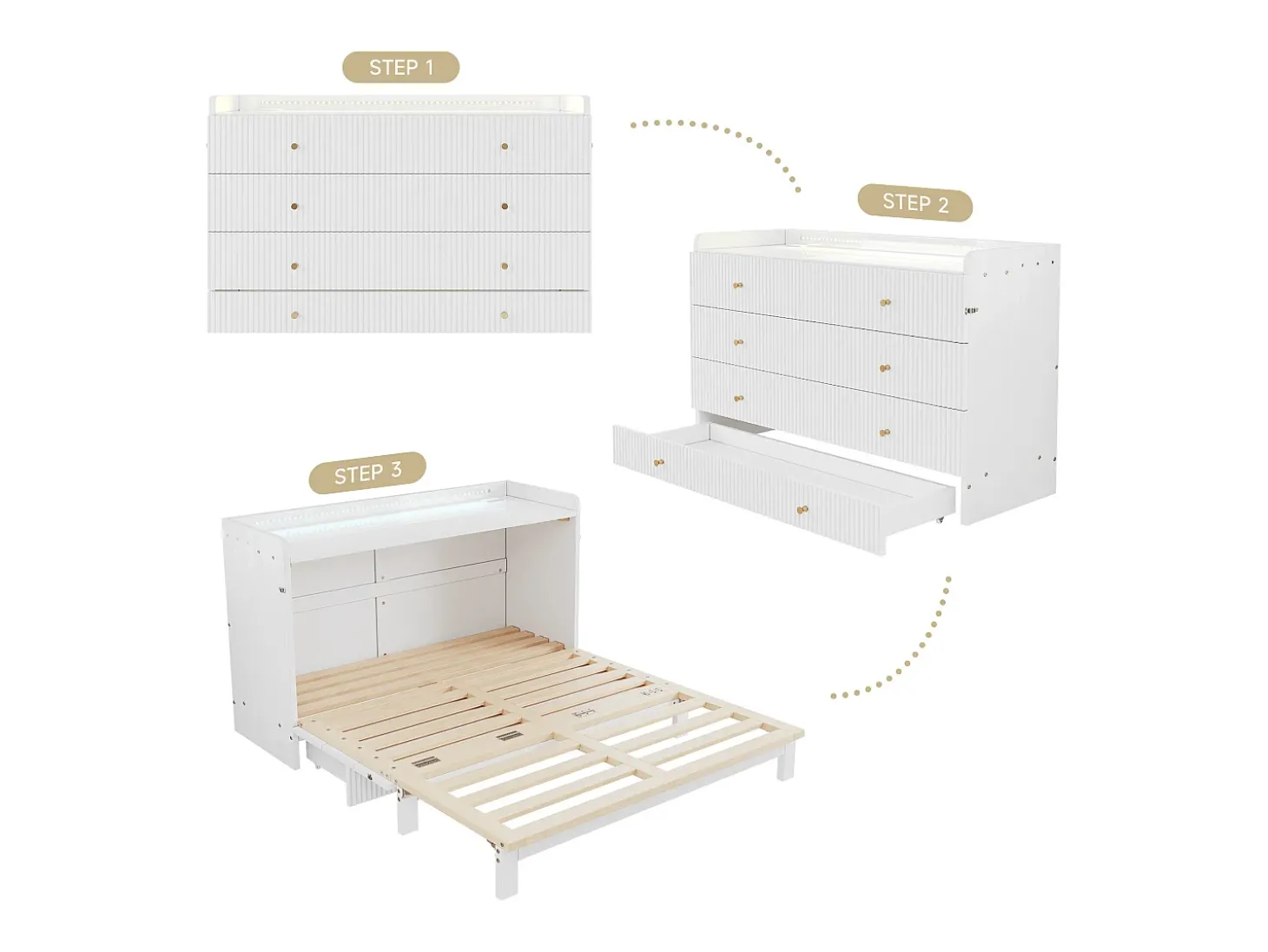 Cama retrátil 140x200 cm - con porta USB + tomada elétrica - con iluminação LED - Cama conversível - branco (colchão não incluído)