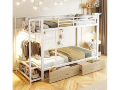Cama sobreposta 90 x 200 cm - Estrutura de metal - 2 gavetas - Várias prateleiras - Iluminação LED - Cabideiro - Branco​ (colchão não incluído)