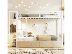 Cama sobreposta 90 x 200 cm - Estrutura de metal - 2 gavetas - Várias prateleiras - Iluminação LED - Cabideiro - Branco​ (colchão não incluído)