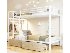 Cama sobreposta 90 x 200 cm - Estrutura de metal - 2 gavetas - Várias prateleiras - Iluminação LED - Cabideiro - Branco​ (colchão não incluído)
