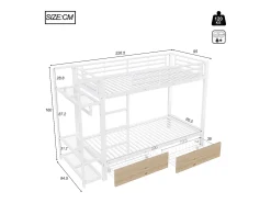 Cama sobreposta 90 x 200 cm - Estrutura de metal - 2 gavetas - Várias prateleiras - Iluminação LED - Cabideiro - Branco​ (colchão não incluído)