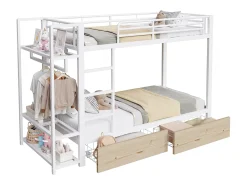 Cama sobreposta 90 x 200 cm - Estrutura de metal - 2 gavetas - Várias prateleiras - Iluminação LED - Cabideiro - Branco​ (colchão não incluído)