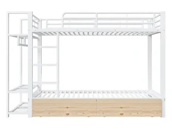 Cama sobreposta 90 x 200 cm - Estrutura de metal - 2 gavetas - Várias prateleiras - Iluminação LED - Cabideiro - Branco​ (colchão não incluído)
