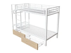 Cama sobreposta 90 x 200 cm - Estrutura de metal - 2 gavetas - Várias prateleiras - Iluminação LED - Cabideiro - Branco​ (colchão não incluído)