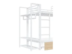 Cama sobreposta 90 x 200 cm - Estrutura de metal - 2 gavetas - Várias prateleiras - Iluminação LED - Cabideiro - Branco​ (colchão não incluído)