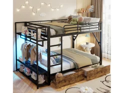 Cama sobreposta 140 x 200 cm - Estrutura de metal - 2 gavetas - Várias prateleiras - Iluminação LED - Cabideiro - preto​ (colchão não incluído)
