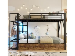 Cama sobreposta 140 x 200 cm - Estrutura de metal - 2 gavetas - Várias prateleiras - Iluminação LED - Cabideiro - preto​ (colchão não incluído)