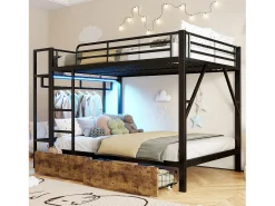 Cama sobreposta 140 x 200 cm - Estrutura de metal - 2 gavetas - Várias prateleiras - Iluminação LED - Cabideiro - preto​ (colchão não incluído)