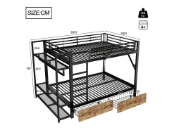 Cama sobreposta 140 x 200 cm - Estrutura de metal - 2 gavetas - Várias prateleiras - Iluminação LED - Cabideiro - preto​ (colchão não incluído)