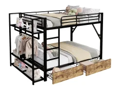 Cama sobreposta 140 x 200 cm - Estrutura de metal - 2 gavetas - Várias prateleiras - Iluminação LED - Cabideiro - preto​ (colchão não incluído)