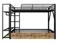 Cama sobreposta 140 x 200 cm - Estrutura de metal - 2 gavetas - Várias prateleiras - Iluminação LED - Cabideiro - preto​ (colchão não incluído)