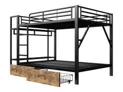 Cama sobreposta 140 x 200 cm - Estrutura de metal - 2 gavetas - Várias prateleiras - Iluminação LED - Cabideiro - preto​ (colchão não incluído)