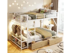 Cama sobreposta 140 x 200 cm - Estrutura de metal - 2 gavetas - Várias prateleiras - Iluminação LED - Cabideiro - Branco​ (colchão não incluído)