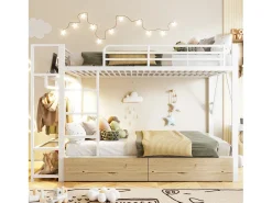 Cama sobreposta 140 x 200 cm - Estrutura de metal - 2 gavetas - Várias prateleiras - Iluminação LED - Cabideiro - Branco​ (colchão não incluído)