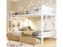 Cama sobreposta 140 x 200 cm - Estrutura de metal - 2 gavetas - Várias prateleiras - Iluminação LED - Cabideiro - Branco​ (colchão não incluído)