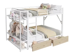 Cama sobreposta 140 x 200 cm - Estrutura de metal - 2 gavetas - Várias prateleiras - Iluminação LED - Cabideiro - Branco​ (colchão não incluído)