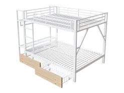 Cama sobreposta 140 x 200 cm - Estrutura de metal - 2 gavetas - Várias prateleiras - Iluminação LED - Cabideiro - Branco​ (colchão não incluído)