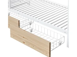 Cama sobreposta 140 x 200 cm - Estrutura de metal - 2 gavetas - Várias prateleiras - Iluminação LED - Cabideiro - Branco​ (colchão não incluído)