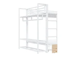 Cama sobreposta 140 x 200 cm - Estrutura de metal - 2 gavetas - Várias prateleiras - Iluminação LED - Cabideiro - Branco​ (colchão não incluído)